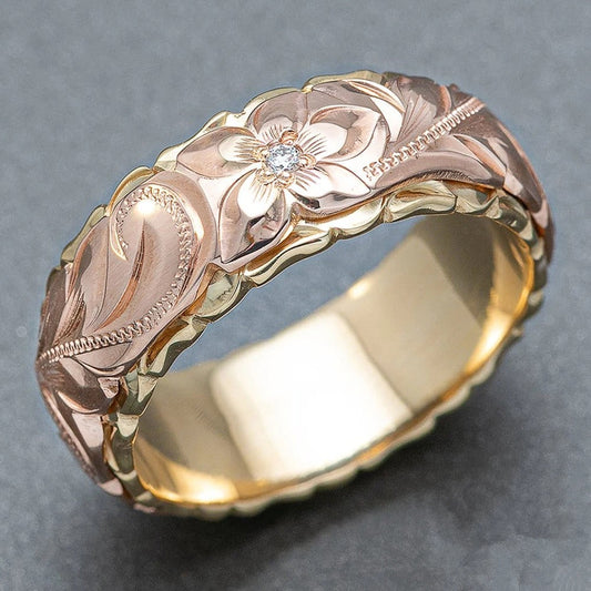 Vintage Rose Gold Flower Engraved Ring-Junie Boutique