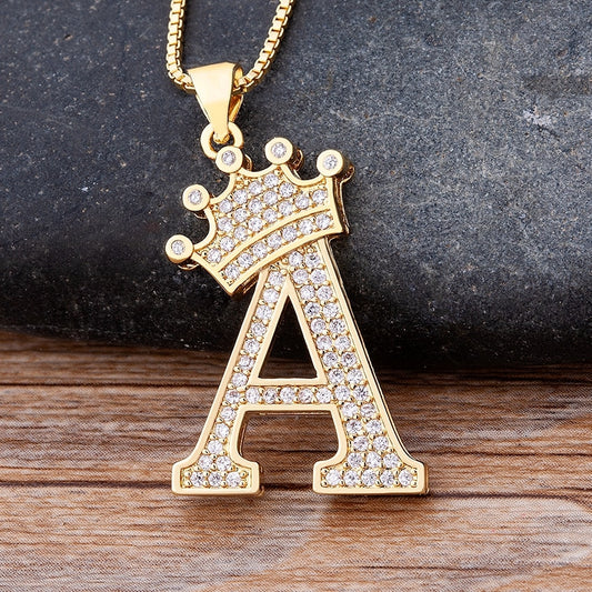 Copper Zircon A-Z Crown Alphabet Pendant Chain Necklace